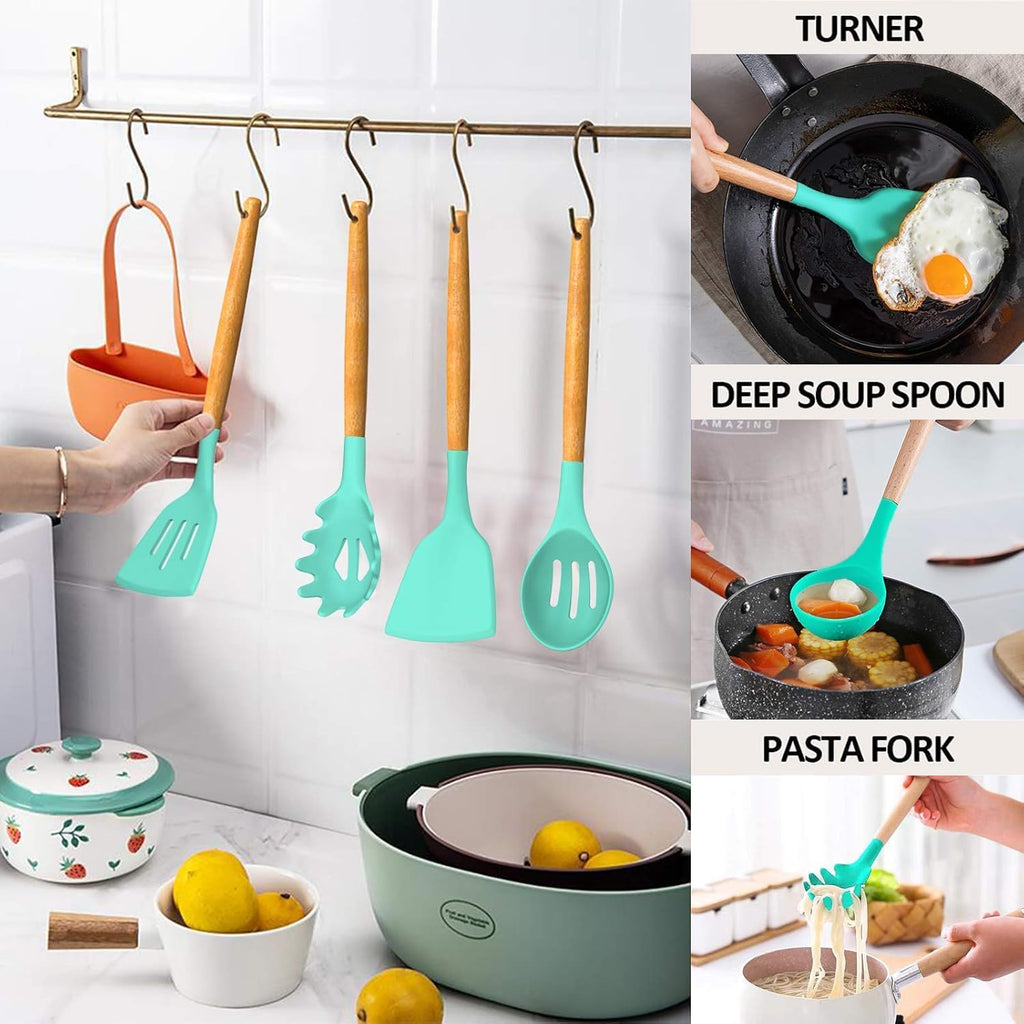 12 Pcs Silicone Kitchen Tool Set with Wooden Handles | Non Stick Cookware Safe Cooking Utensils with Storage Holder | Kitchen Accessories Set for Cooking & Baking (Green)
