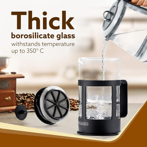 AGARO Delite French Press Coffee And Tea Maker, Borosilicate Glass Body With Sleeves, Glass Carafe, BPA Free Plastic Lid Strainer, 600Ml