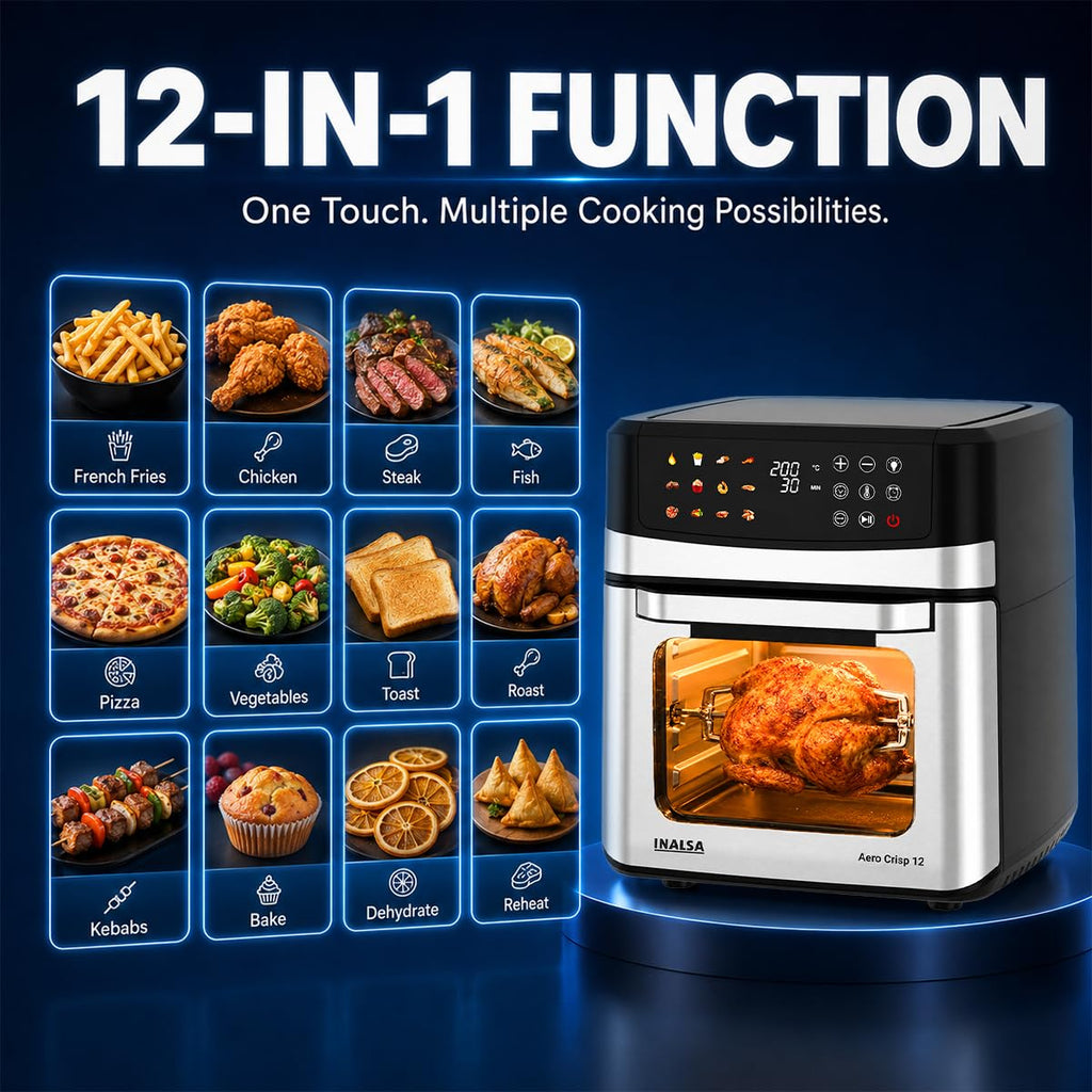 INALSA Air Fryer Oven|12L,1700W|Stainless Steel Body|12-in-1 Functions,Fry,Bake,Grill,Dehydrate&Reheat|12 Preset|Rotisserie&Convection|Dishwasher Safe Accessories|2Yr Warranty,2025Model AeroCrisp 12