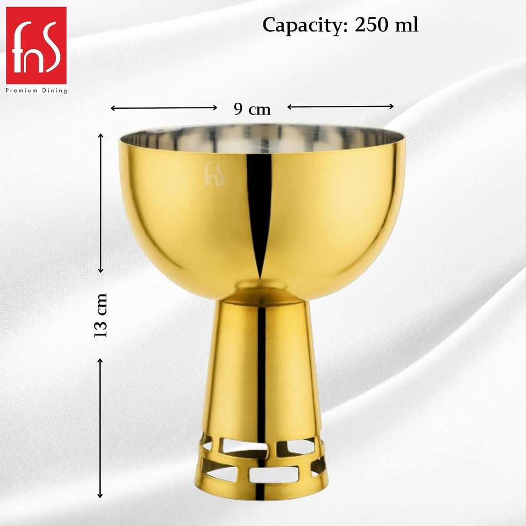 FNS Basil Stainless Steel Bowls Set with 6 Bowls and 6 Spoons for Ice Cream/Pudding/Dessert | Fancy Serving Bowls for Snacks (Gold)