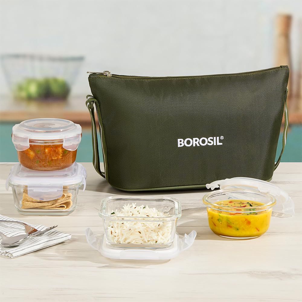 Borosil Eateasy Daisy Borosilicate Glass Lunchbox with Bag | Set of 4 (320ml x 2 Square + 240ml x 2 Round) | Microwave & Dishwasher Safe, Leakproof | Tiffin for Office, School | Transparent