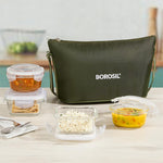 Borosil Eateasy Daisy Borosilicate Glass Lunchbox with Bag | Set of 4 (320ml x 2 Square + 240ml x 2 Round) | Microwave & Dishwasher Safe, Leakproof | Tiffin for Office, School | Transparent