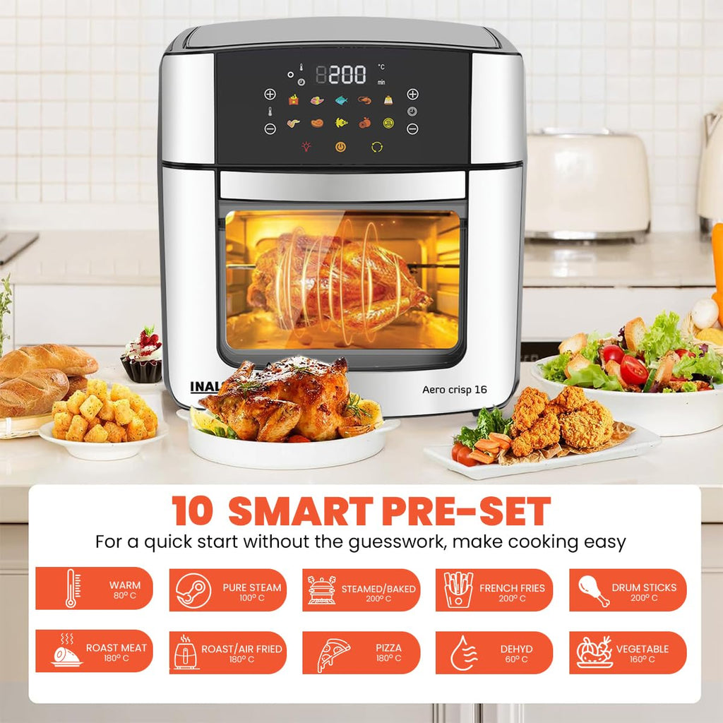 INALSA Air Fryer Oven|16L, 1800W|Stainless Steel Body12-in-1 Functions,Fry,Bake,Grill,Dehydrate,Roast& Reheat|10 Preset|Rotisserie & Convection|Dishwasher Safe Accessories|2Yr Warranty,Aero Crisp 16