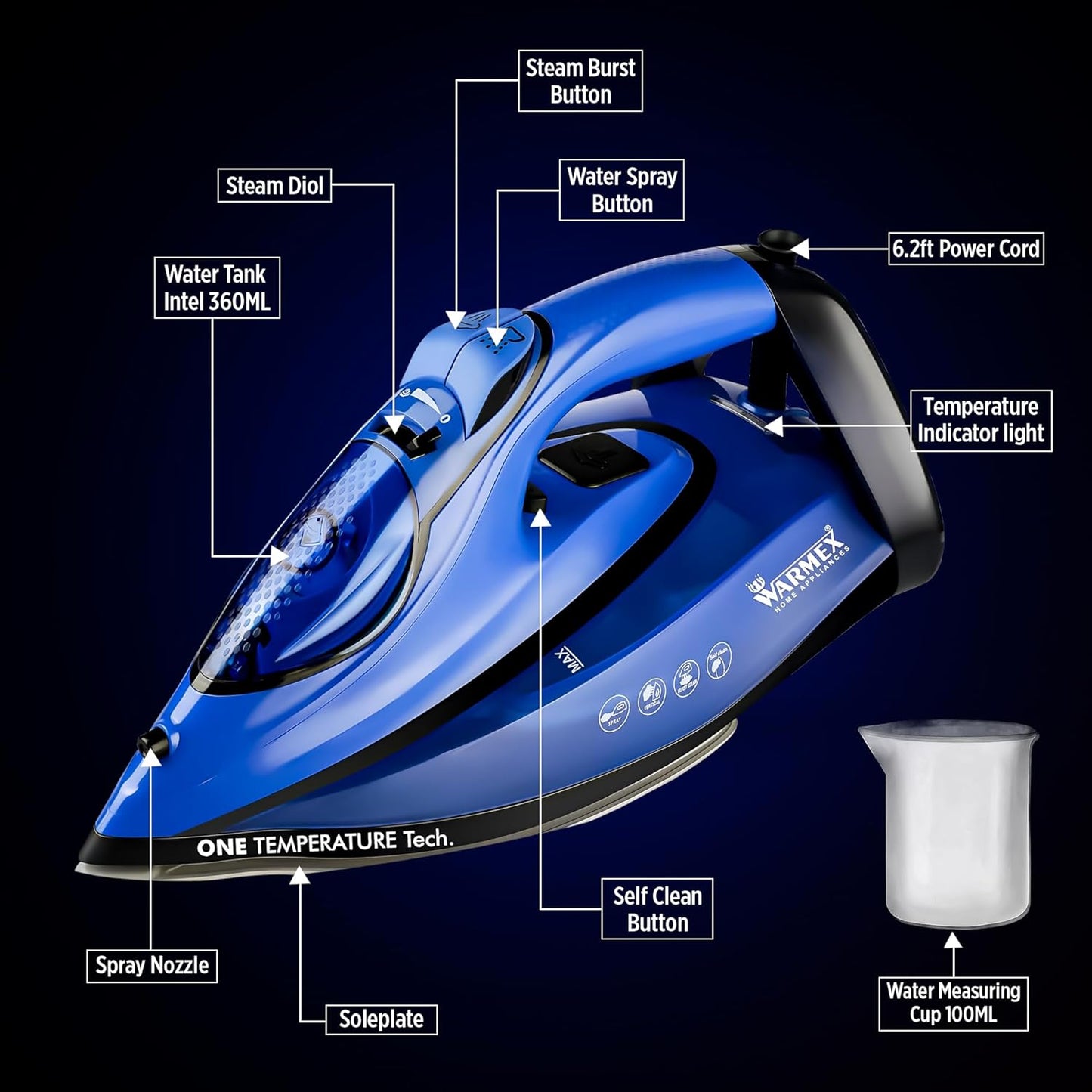 Warmex 2200W No knob Automatic Steam Cloth Iron No Burn Guaranteed with Smart Perfect Care Temperature Control | Heavy Duty Press Ironing Clothes for Home & Travel, Auto Cleaning & Shut Off Sensor-Blue