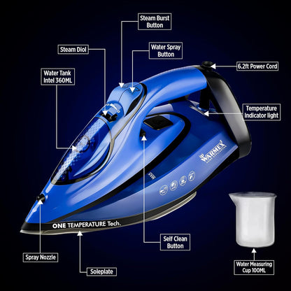 Warmex 2200W No knob Automatic Steam Cloth Iron No Burn Guaranteed with Smart Perfect Care Temperature Control | Heavy Duty Press Ironing Clothes for Home & Travel, Auto Cleaning & Shut Off Sensor-Blue
