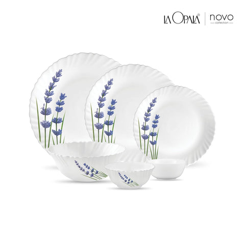 La Opala Novo Collection Opal Glass Crockery | for Family of 6 | Dinner Set 23 pcs English Lavender | Plates & Bowls for Dining | Microwave Safe | 100% Vegetarian | Extra Strong | Light & White