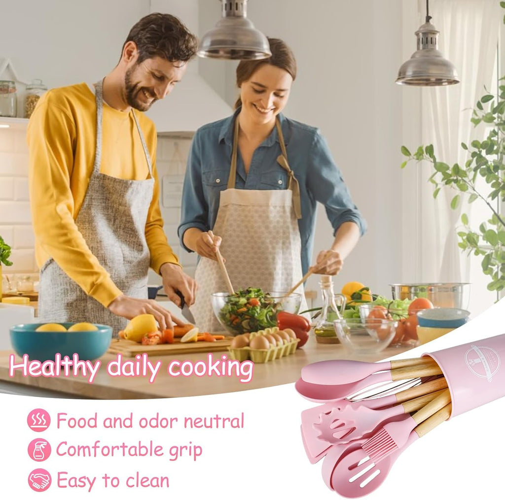 12 Pcs Silicone Kitchen Tool Set with Wooden Handles | Non Stick Cookware Safe Cooking Utensils with Storage Holder | Kitchen Accessories Set for Cooking & Baking (Pink)