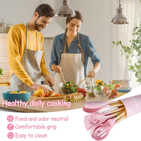12 Pcs Silicone Kitchen Tool Set with Wooden Handles | Non Stick Cookware Safe Cooking Utensils with Storage Holder | Kitchen Accessories Set for Cooking & Baking (Pink)
