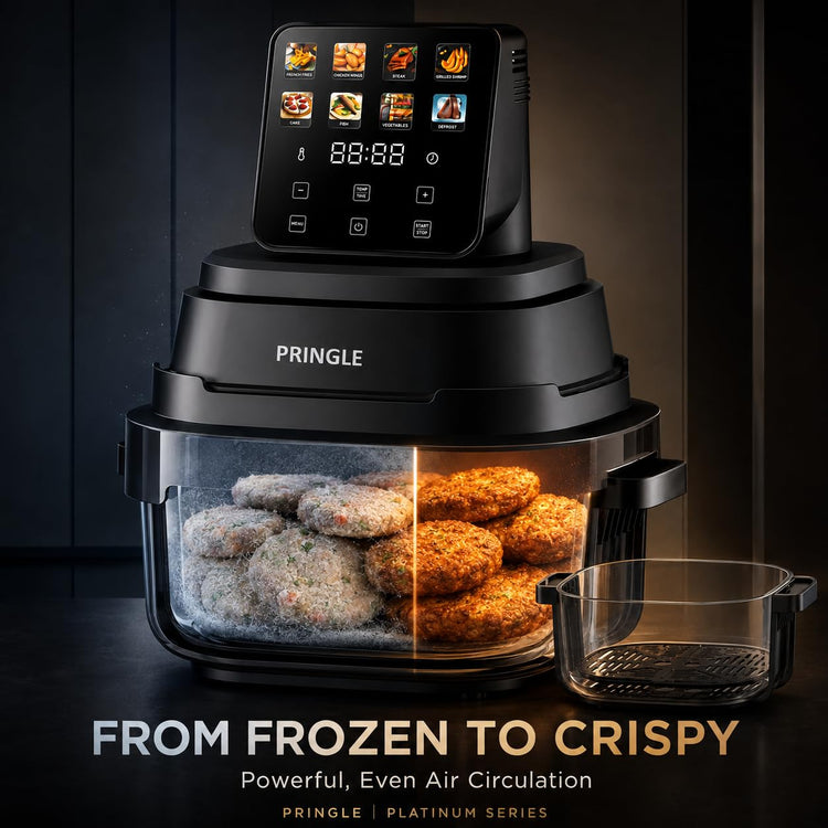 Pringle AirClear Glass Air Fryer 5.5L | Dual Bowl | 1500W | 8 Cooking Modes, 5.5 L total capacity with 4 L + 1.5 L glass bowls for flexible cooking and serving