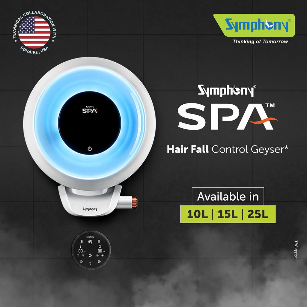 Symphony SPA Geyser 25 Litre 5 Star BEE Rating Water Heater | Hair Fall Control Smart Geyser | PUROPOD Filter | 2KW Heating | Glassline Tank | Free Installation