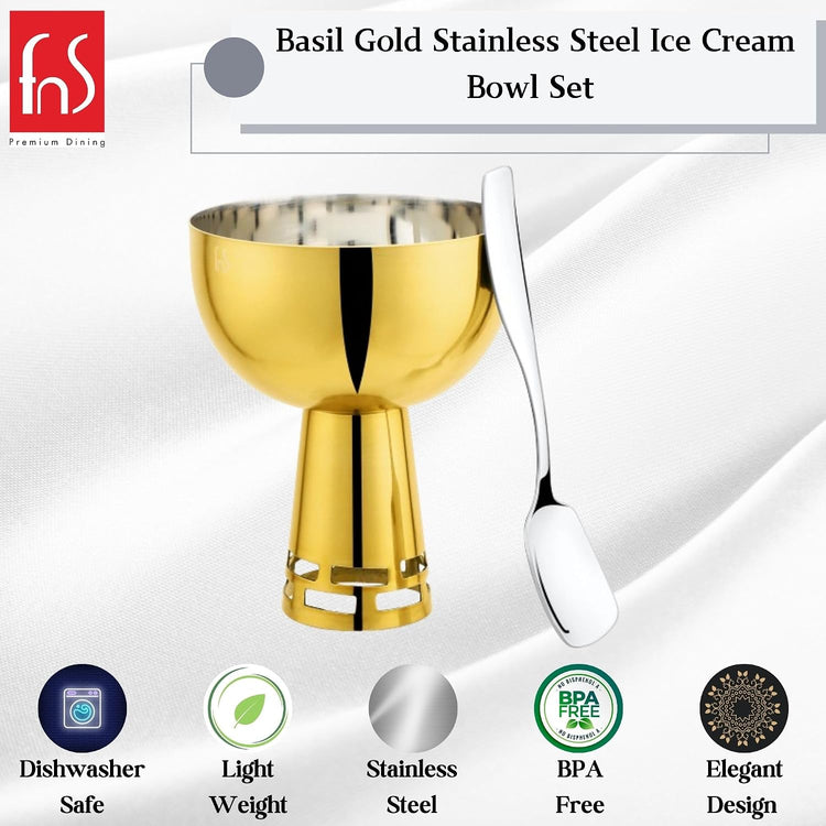 FNS Basil Stainless Steel Bowls Set with 6 Bowls and 6 Spoons for Ice Cream/Pudding/Dessert | Fancy Serving Bowls for Snacks (Gold)