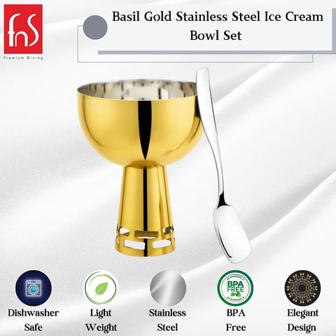FNS Basil Stainless Steel Bowls Set with 6 Bowls and 6 Spoons for Ice Cream/Pudding/Dessert | Fancy Serving Bowls for Snacks (Gold)