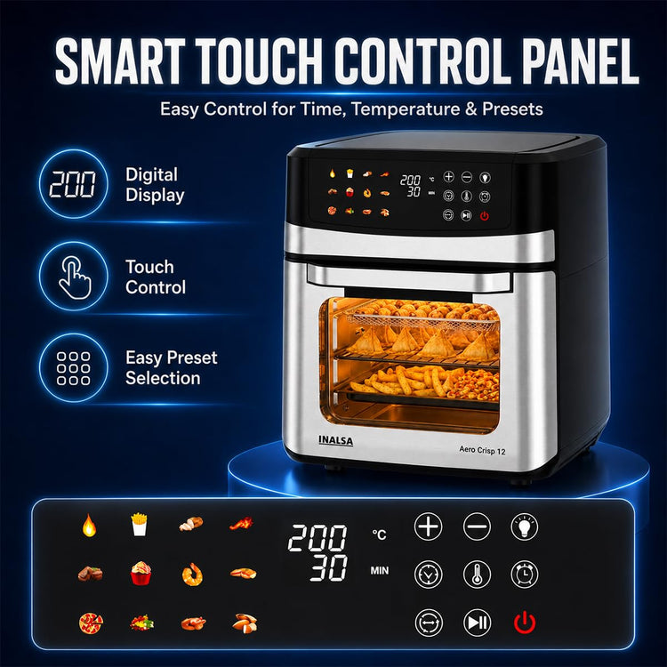 INALSA Air Fryer Oven|12L,1700W|Stainless Steel Body|12-in-1 Functions,Fry,Bake,Grill,Dehydrate&Reheat|12 Preset|Rotisserie&Convection|Dishwasher Safe Accessories|2Yr Warranty,2025Model AeroCrisp 12