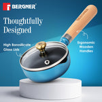 BERGNER Excalibur Lightweight Cast Iron Tadka Pan with Lid 12cm, Non-Stick Vaghar Pan, PFAS Free, Perfect Heat Distribution, Elegant Design, Silicone Grips - Induction and Gas Stove Ready (Blue)