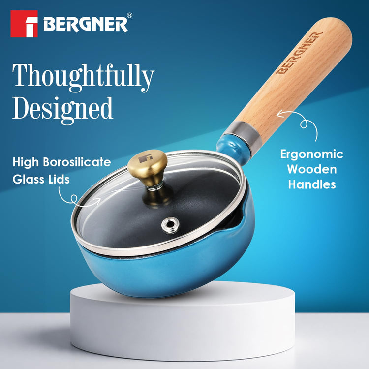 BERGNER Excalibur Lightweight Cast Iron Tadka Pan with Lid 12cm, Non-Stick Vaghar Pan, PFAS Free, Perfect Heat Distribution, Elegant Design, Silicone Grips - Induction and Gas Stove Ready (Blue)