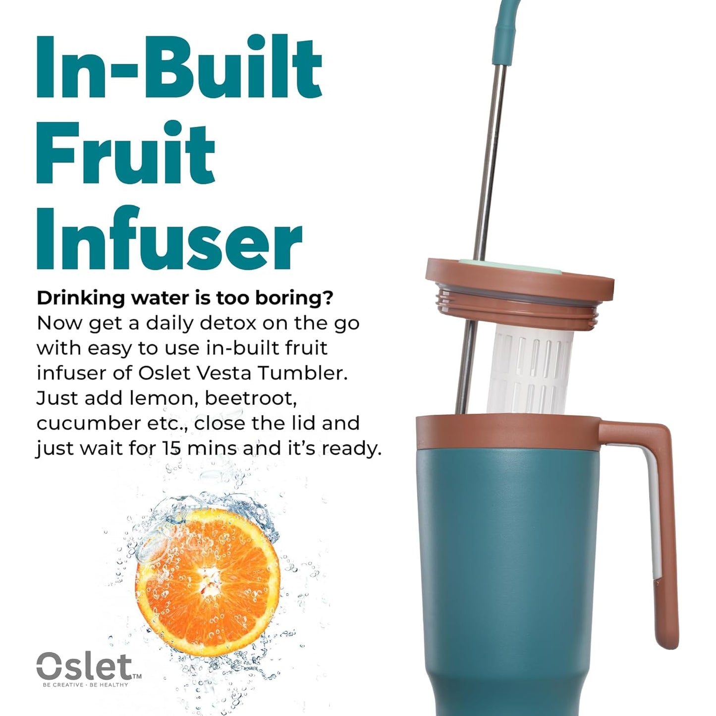 Vesta1200ml Stainless Steel Hot & Cold Tumbler | Double Insulated | BPA Free,Leak Proof | Fruit Infuser for Making Detox Water | SS Straw & Soft Handle | Use in Gym, Office & Car (Royal Green)