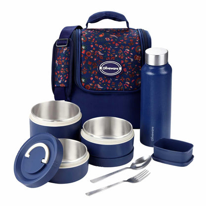 Oliveware TESO Musk Lunch Box | 3 Microwave-Safe Containers (2×420ml, 1×620ml) + 750ml Steel Bottle + 130ml Pickle Box + Steel Cutlery | Premium Carry Bag | Freezer & Dishwasher Safe (Blue)