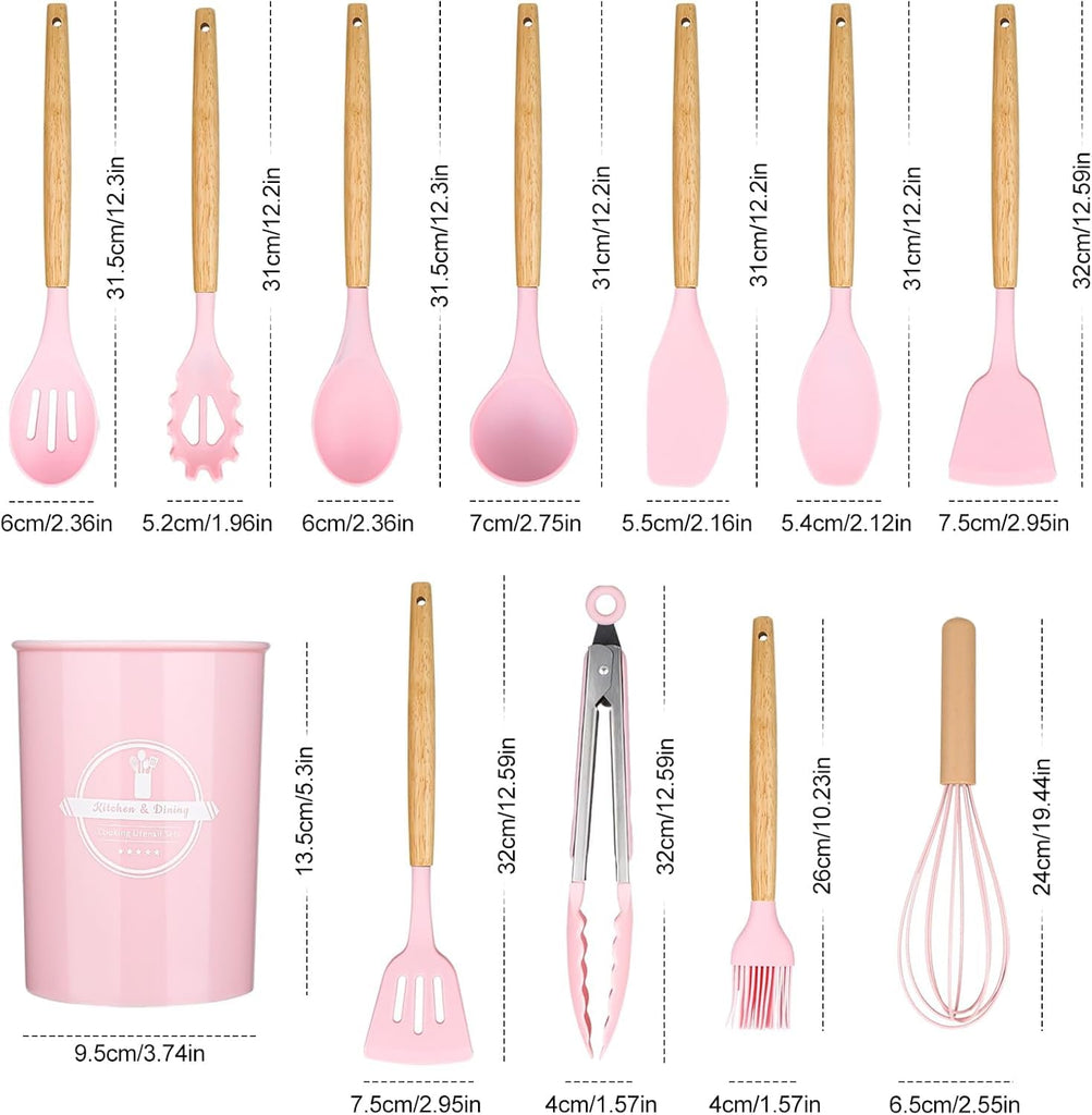 12 Pcs Silicone Kitchen Tool Set with Wooden Handles | Non Stick Cookware Safe Cooking Utensils with Storage Holder | Kitchen Accessories Set for Cooking & Baking (Pink)