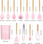 12 Pcs Silicone Kitchen Tool Set with Wooden Handles | Non Stick Cookware Safe Cooking Utensils with Storage Holder | Kitchen Accessories Set for Cooking & Baking (Pink)