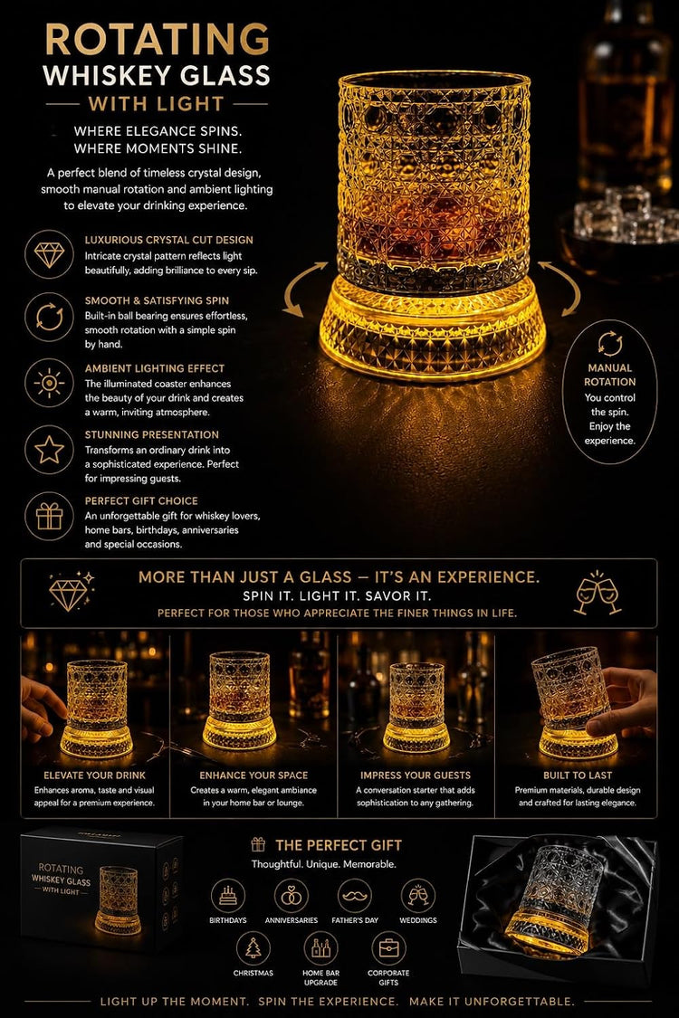 IndElite Luxury Rotating Whiskey Glass Set of 1| Crystal Cut Spinning Whisky Glass with LED Light Coaster | Premium Barware Gift for Men & Whiskey Enthusiasts