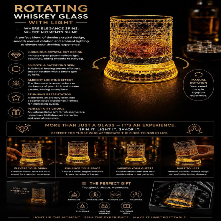 IndElite Luxury Rotating Whiskey Glass Set of 1| Crystal Cut Spinning Whisky Glass with LED Light Coaster | Premium Barware Gift for Men & Whiskey Enthusiasts
