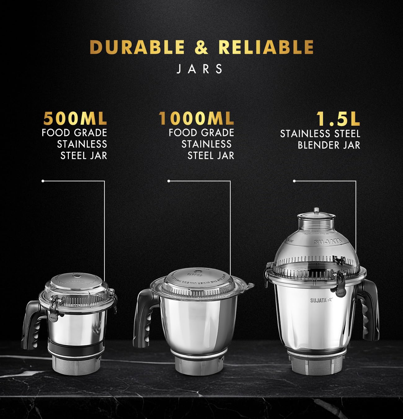 Sujata MG02 Mixer Grinder|1000 Watts Double Ball Bearing Motor|25000 RPM|Non-Stop 90 Mins Running|3 Food Grade Steel Jars including 1500ml Multipurpose, 1000ml Grinder, 500ml Chutney Jar| (Black)