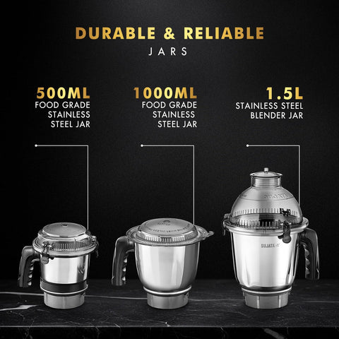 Sujata MG02 Mixer Grinder|1000 Watts Double Ball Bearing Motor|25000 RPM|Non-Stop 90 Mins Running|3 Food Grade Steel Jars including 1500ml Multipurpose, 1000ml Grinder, 500ml Chutney Jar| (Black)
