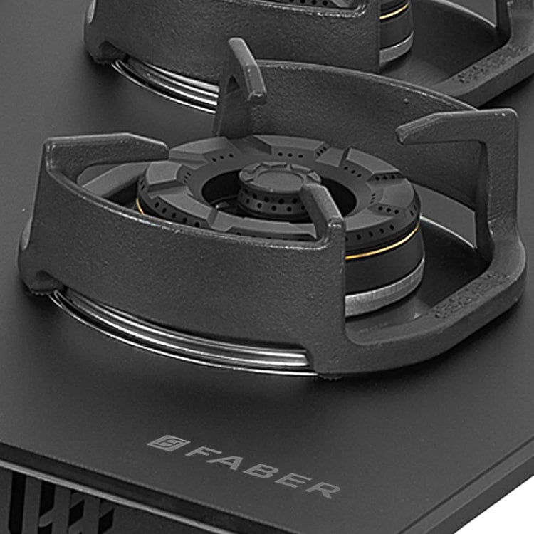 Faber Della 4 Burner 72cm Hob |Auto-Ignition|Brass Burner| Cast Iron Pan Support |Hob/Cooktop Hybrid| Matt Black Glass Finish |5 Yrs Warranty on Glass & Valve | 5 Yrs on Burner|Hob Della HD724 CI AI
