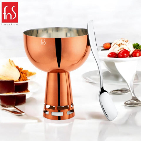 FNS Basil Stainless Steel Bowls Set with 6 Bowls and 6 Spoons for Ice Cream/Pudding/Dessert | Fancy Serving Bowls for Snacks (Rose Gold)