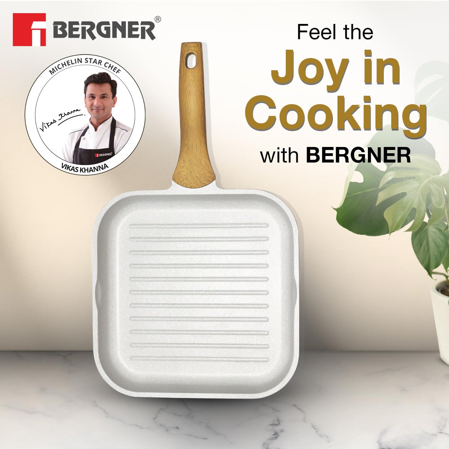 BERGNER Naturally Cast Aluminum 26cm Grill Pan, Marble Non-Stick Coating, Less Oil Use, Scratch Resistant and Durable, Soft Touch Handle, Easy to Clean - Induction Bottom, Free Non-Woven Trivet