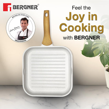 BERGNER Naturally Cast Aluminum 26cm Grill Pan, Marble Non-Stick Coating, Less Oil Use, Scratch Resistant and Durable, Soft Touch Handle, Easy to Clean - Induction Bottom, Free Non-Woven Trivet