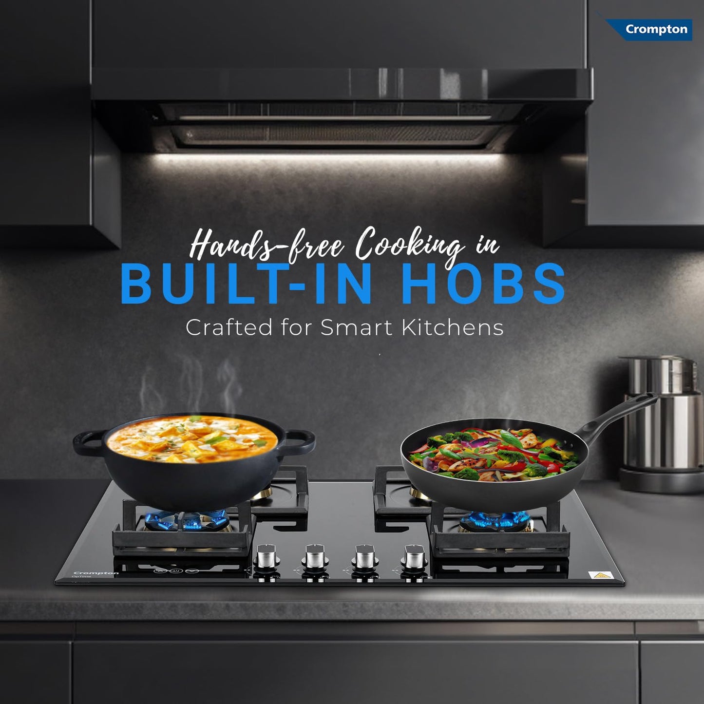 Crompton Optime 78 cm 4 Burners Built-in Glass HOB with Digital Timer, Full Brass Burners & 3D Flame Technology (HOB-OPFB784TI-MBL, Midnight Black)