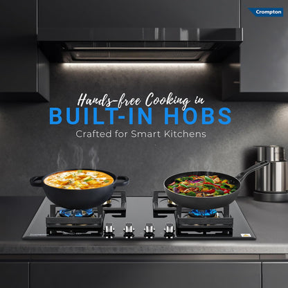 Crompton Optime 78 cm 4 Burners Built-in Glass HOB with Digital Timer, Full Brass Burners & 3D Flame Technology (HOB-OPFB784TI-MBL, Midnight Black)