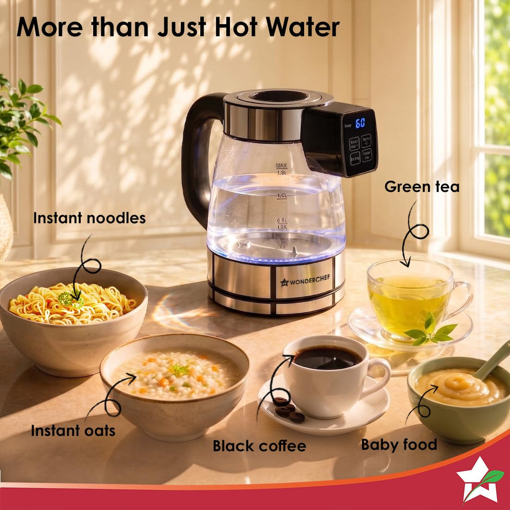 Wonderchef Crystal Tap & Flow Glass Kettle & Hot Water Dispenser, 1.7 L Borosilicate Glass Jar, Built-in Battery, Temperature Sensor & Control, Multi-purpose, Portable inside Homes, 1-Yr Warranty