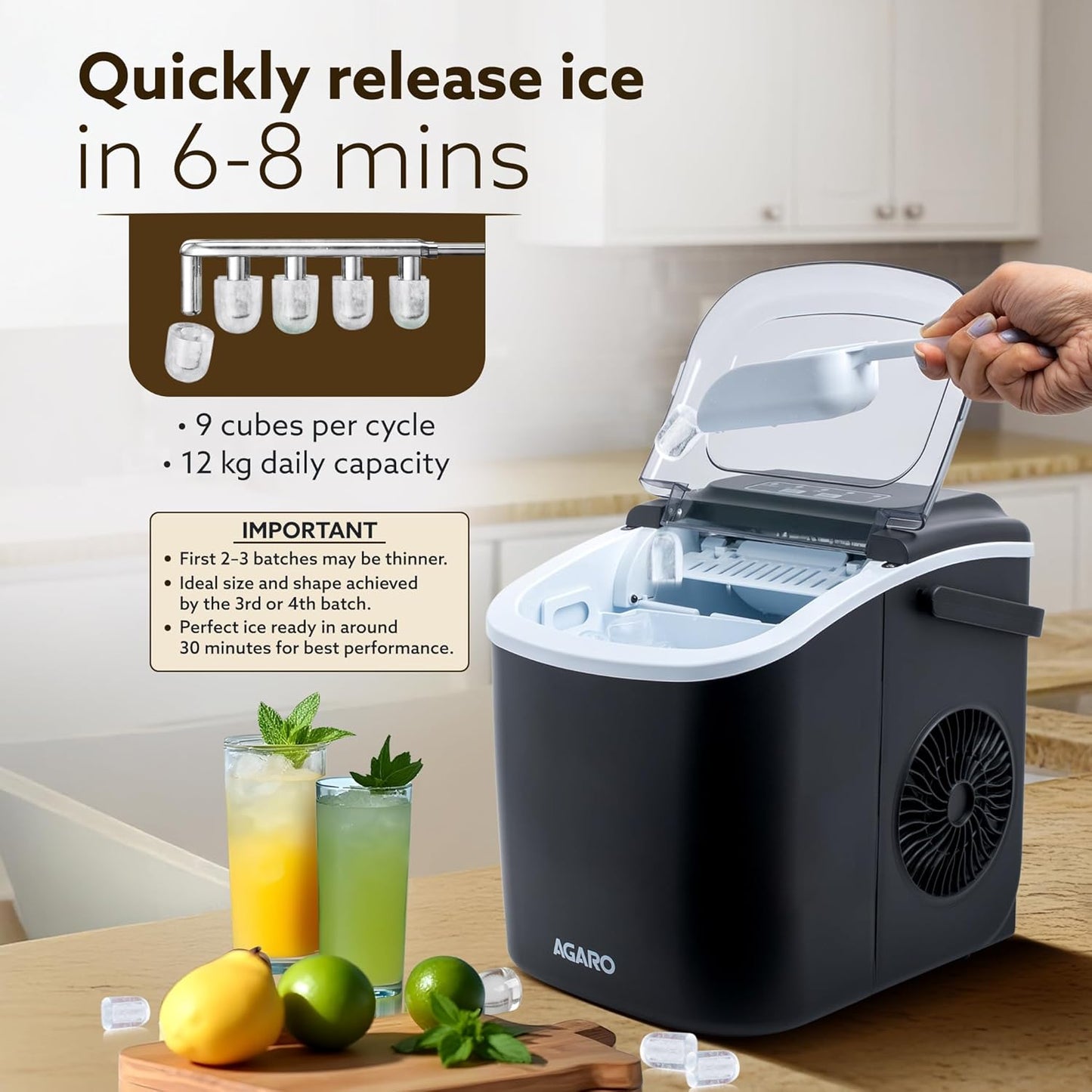 AGARO Marvel Ice Maker 1.2L Countertop Portable Machine, 9 Cubes in 6 Mins, 2 Bullet Ice Sizes, Fast Ice Making for Home Kitchen, Office, Parties, Self-Cleaning with Handle (Black)