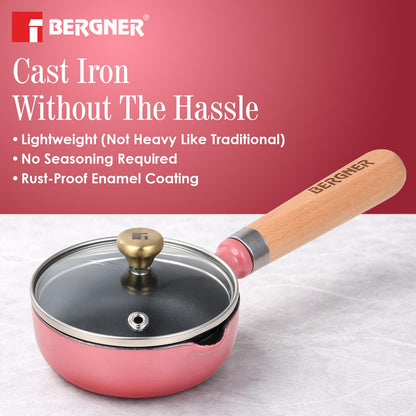 BERGNER Excalibur Lightweight Cast Iron Tadka Pan with Lid 12cm, Non-Stick Vaghar Pan, PFAS Free, Perfect Heat Distribution, Elegant Design, Silicone Grips - Induction and Gas Stove Ready (Pink)