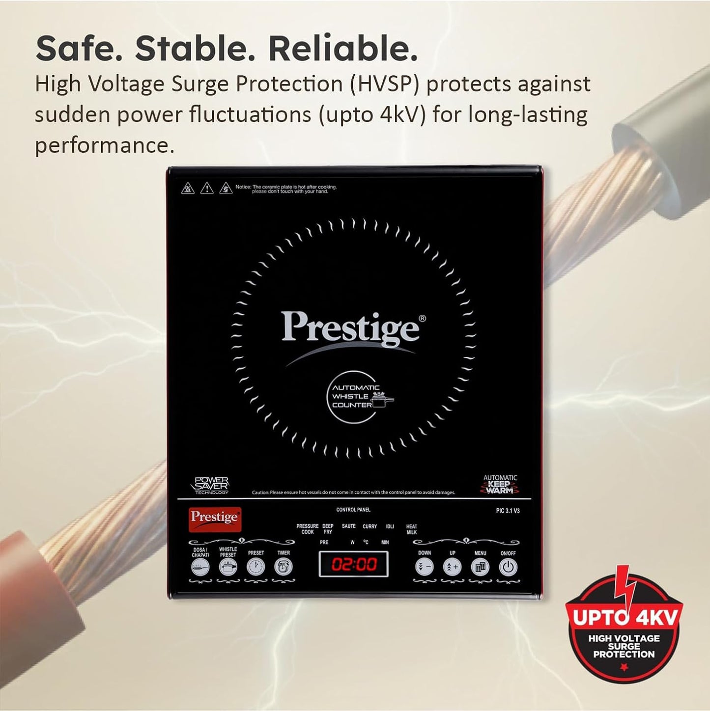 Prestige PIC 3.1 V3 2000 Watts Induction Cooktop | Patented Automatic Whistle Counter | 4KV Surge Protection | 7 Preset Indian Menu Options With Timer | Touch Button | Black | 1Y Warranty | BIS