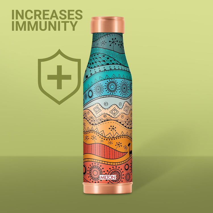 MILTON Amaya Copper Drinkware Gift Set | 99.9% Pure Copper Water Bottle 850ml With 2 Glasses 280ml | Anti Oxidant Prosperities | Traditional Art Design | Gifting Item for Diwali, Festive Occasions