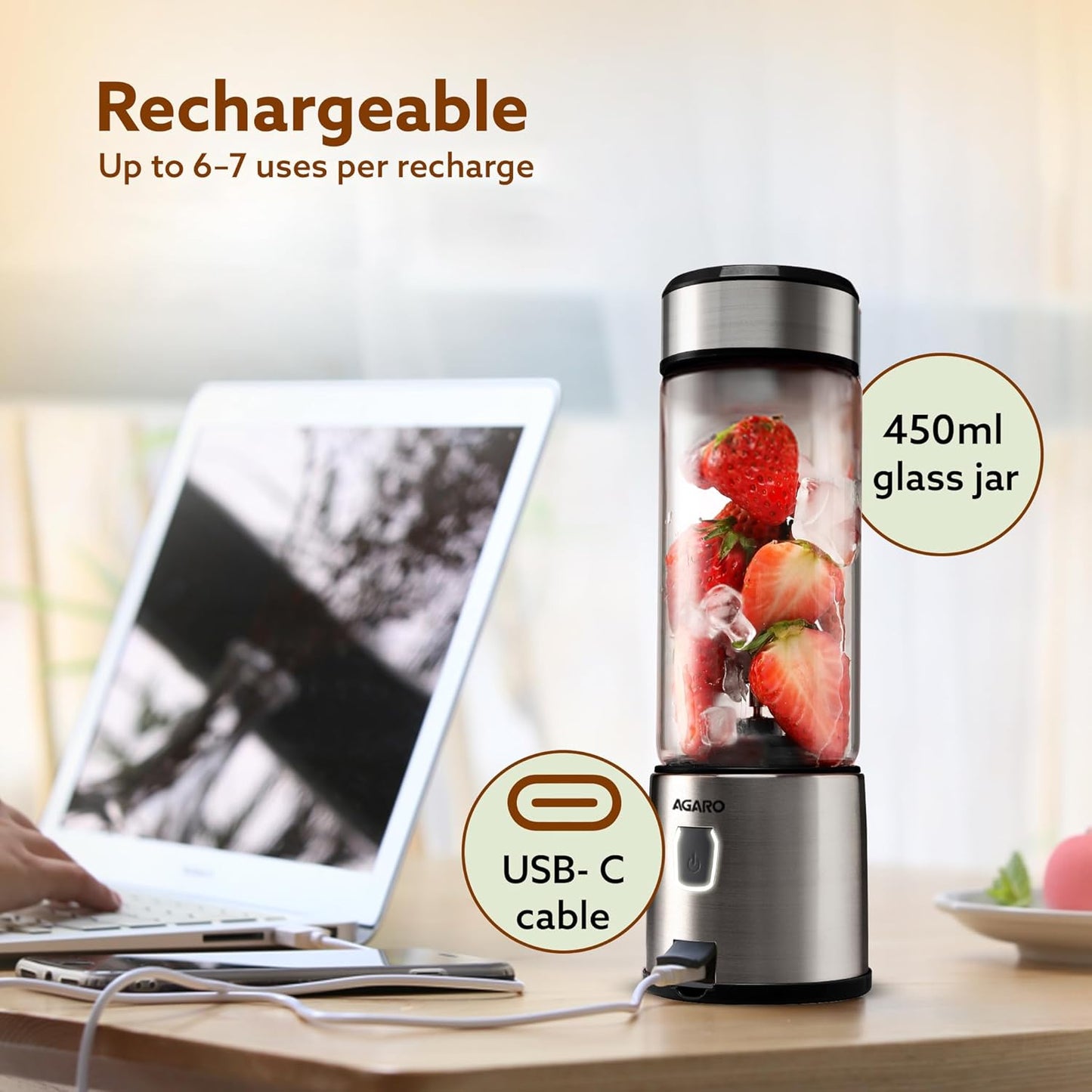 AGARO Galaxy Portable Blender for Smoothie & Milk Shakes, 450ml, USB Type C Rechargeable, 3000 mAh Battery, Mini Personal Blender for Home, Office, Gym, Travel. 126W, Stainless Steel Blade