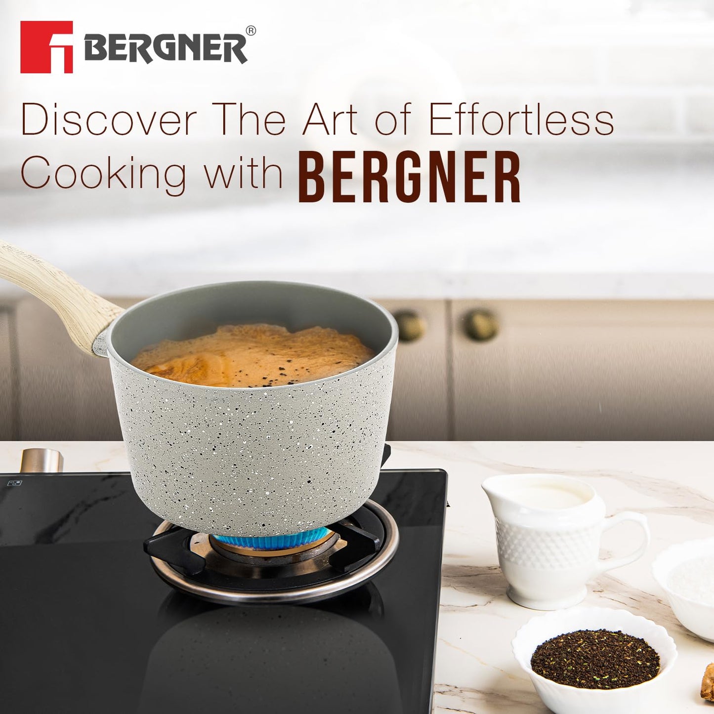 Bergner Naturally Ceramic Forged Aluminium 16cm (1.8 Liters) Saucepan with Soft Touch Handle and Flat Glass with Steam Vent, Ceramic Coated Sauce Pan, Healthy - Induction Bottom and Gas Stove Ready
