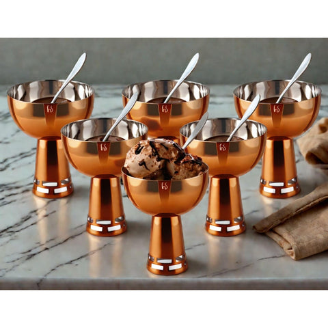 FNS Basil Stainless Steel Bowls Set with 6 Bowls and 6 Spoons for Ice Cream/Pudding/Dessert | Fancy Serving Bowls for Snacks (Rose Gold)