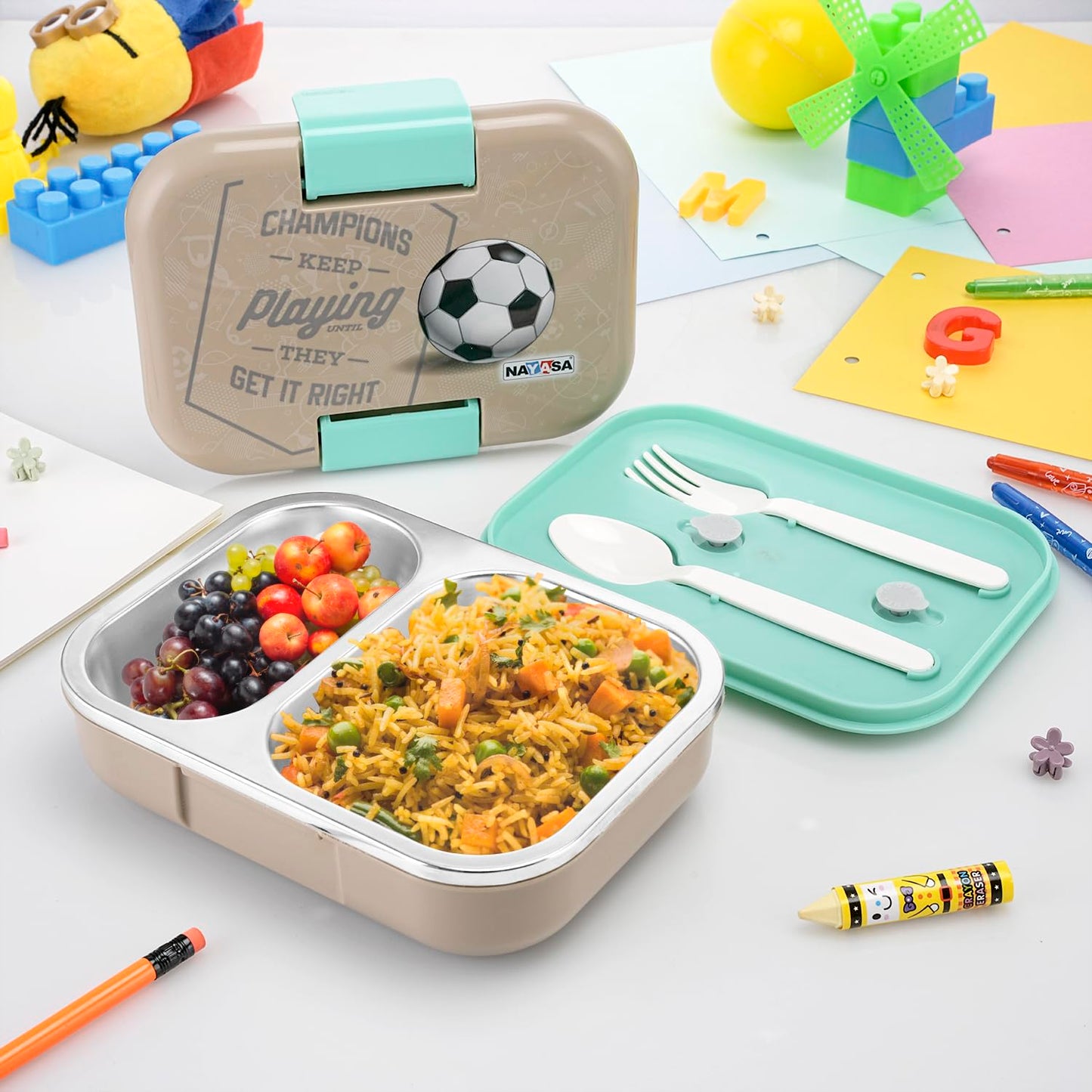 Nayasa Marco 2 Compartment Stainless Steel Insulated Lunch Box for Kids Boys | Football Champion Print | Vacuum Sealed Leak Proof Tiffin Box | 650 ml | Grey