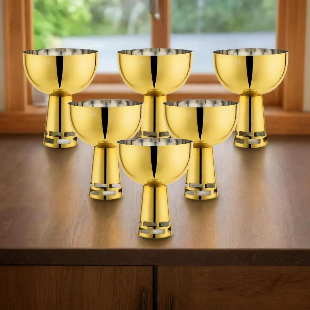 FNS Basil Stainless Steel Bowls Set with 6 Bowls and 6 Spoons for Ice Cream/Pudding/Dessert | Fancy Serving Bowls for Snacks (Gold)