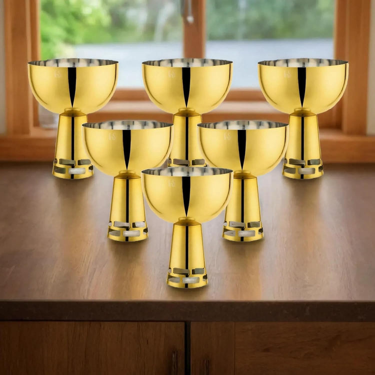 FNS Basil Stainless Steel Bowls Set with 6 Bowls and 6 Spoons for Ice Cream/Pudding/Dessert | Fancy Serving Bowls for Snacks (Gold)