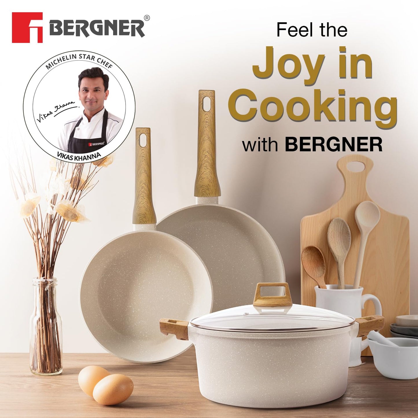 BERGNER Naturally Forged Aluminum 28cm (3 L) Wok, Marble Non-Stick Coating, Less Oil Use, Scratch Resistant and Durable, Soft Touch Handle, Easy to Clean - Induction Bottom, Free Non-Woven Trivet