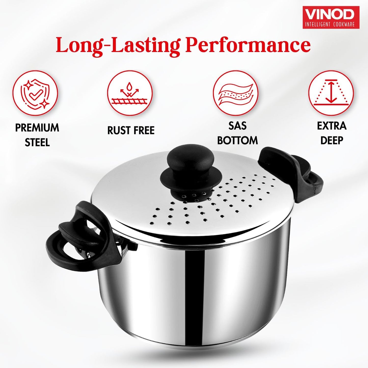 Vinod Stainless Steel Rice Pot with Strainer Lid - 4 L, 20cm | Noodles & Pasta Steamer, Rice Maker Cooker & Veggies Boiler with Locking Handles, 3-Layer SAS Induction Bottom, Small - 2 Year Warranty