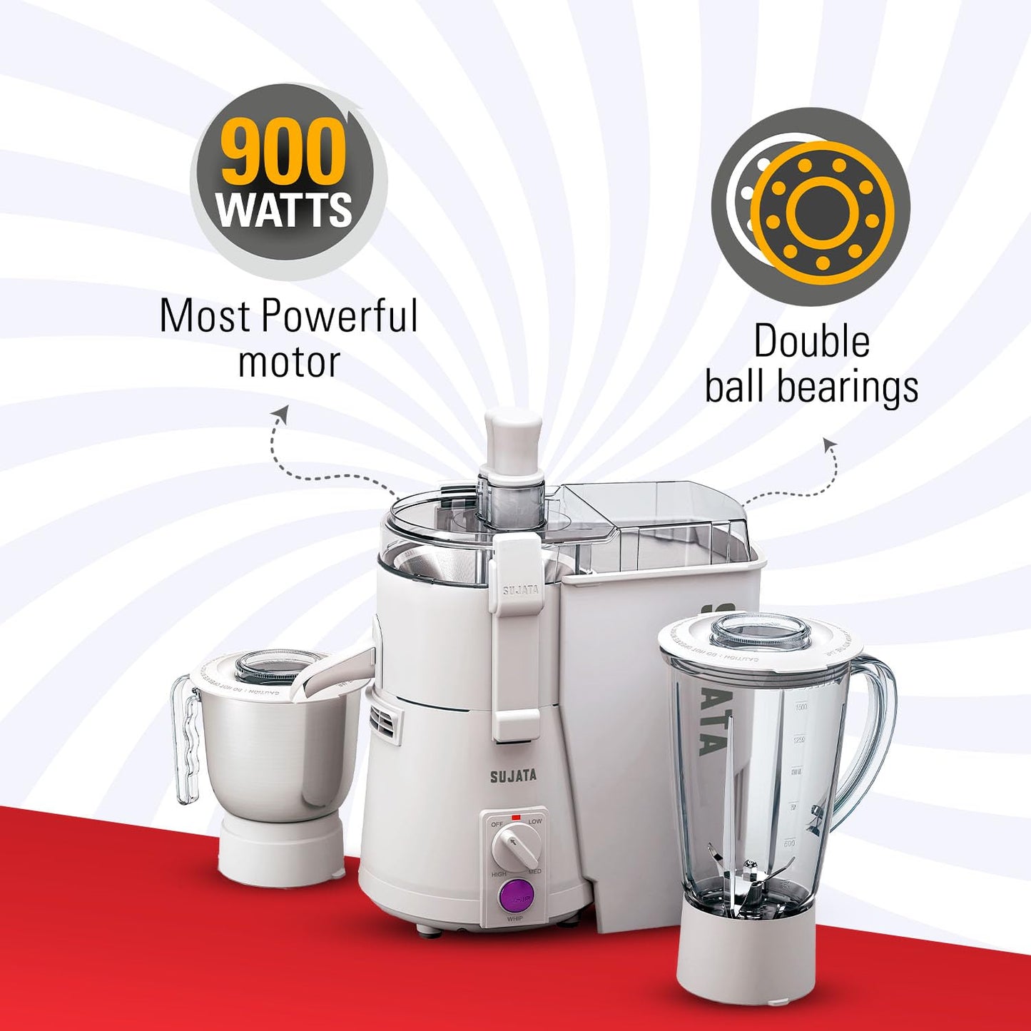 Sujata Powermatic Plus Juicer Mixer Grinder|900 Watts Double Ball Bearing Motor|22000 RPM|Non-Stop 90 Mins Running|2 Jars including 1750ml Blender, 1000ml Grinder Jar| (White)