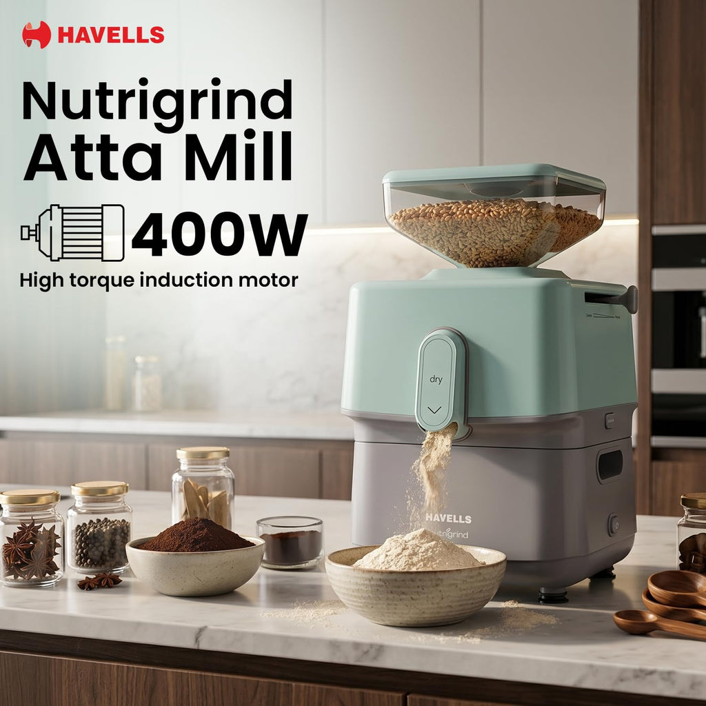 Havells Nutri Grind Atta Mill| 400W High Torque Induction Motor | 1400 RPM Slow Speed Grinding | Quality Coarse Stones | 2 Yr Manufacturer Warranty| Grey & Pista Green