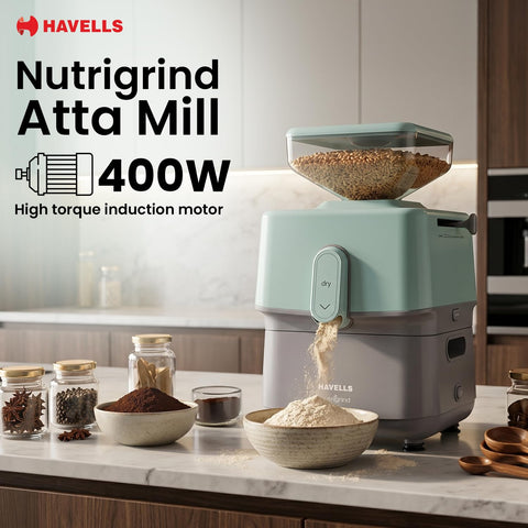 Havells Nutri Grind Atta Mill| 400W High Torque Induction Motor | 1400 RPM Slow Speed Grinding | Quality Coarse Stones | 2 Yr Manufacturer Warranty| Grey & Pista Green
