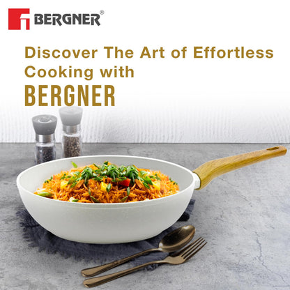 BERGNER Naturally Forged Aluminum 28cm (3 L) Wok, Marble Non-Stick Coating, Less Oil Use, Scratch Resistant and Durable, Soft Touch Handle, Easy to Clean - Induction Bottom, Free Non-Woven Trivet